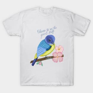 Bird illustration, spring spirits and calligraphy T-Shirt